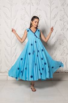 Sky Blue Polka Dot Anghrakha Dress
