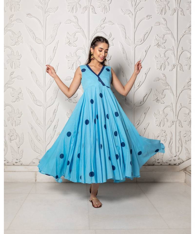 Sky Blue Polka Dot Anghrakha Dress