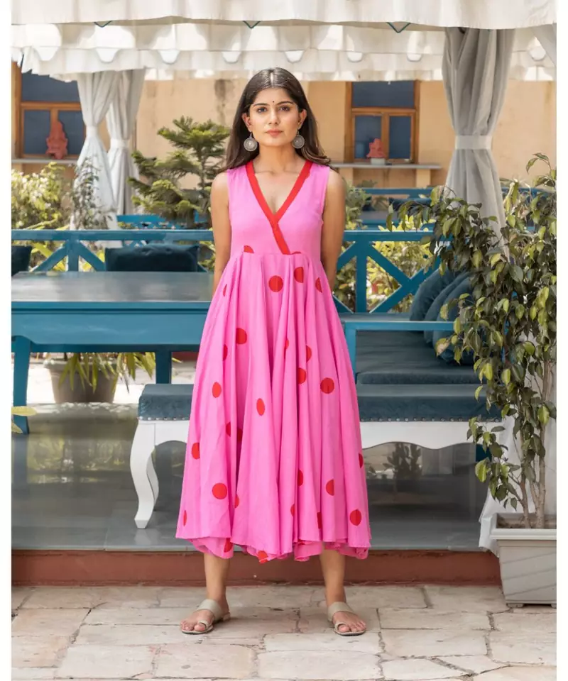 Pink Polka Dot Anghrakha Dress