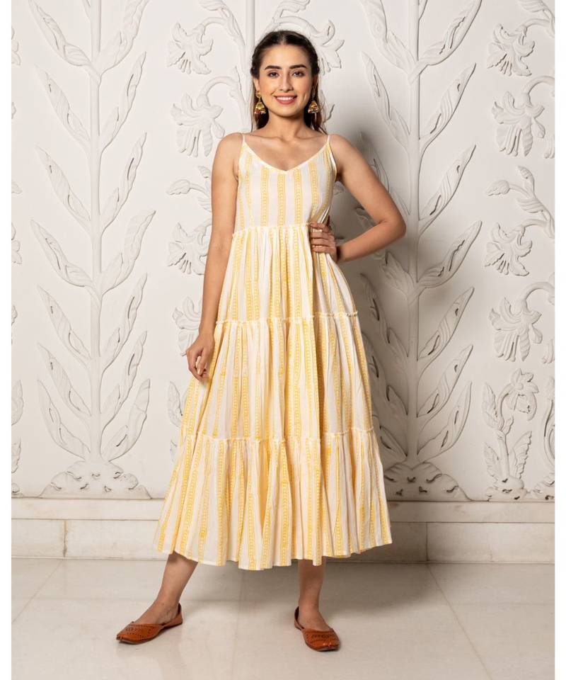 Yellow & White Geometric Block Print Tyre Dress