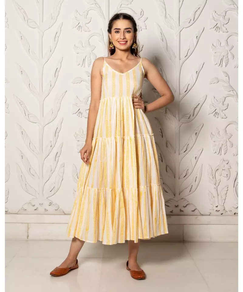Yellow & White Geometric Block Print Tyre Dress