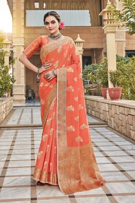 Saree Swarg Peach Linen Cotton Saree with Blouse 1