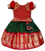 Red Green  Satin Silk Jecquard South Indian Style Pavdai Pattu Set Lehenga Choli For Kids