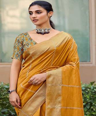 Yellow plain cotton silk saree with blouse 2