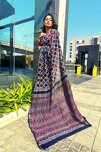 multicolor Ajrakh handcrafted on chanderi silk&  with running blouse