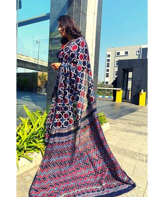 multicolor Ajrakh handcrafted on chanderi silk&  with running blouse 3
