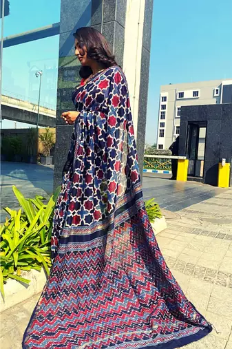 multicolor Ajrakh handcrafted on chanderi silk&  with running blouse