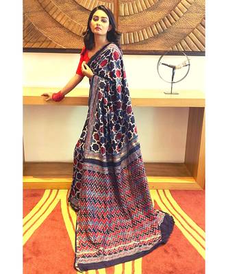 multicolor Ajrakh handcrafted on chanderi silk&  with running blouse 4