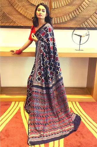 multicolor Ajrakh handcrafted on chanderi silk&  with running blouse