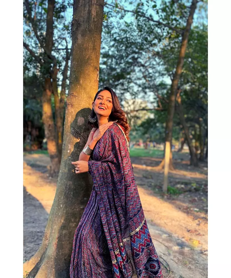 multicolor Ajrakh handcrafted on chanderi silk&  with running blouse