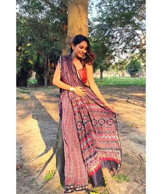 multicolor Ajrakh handcrafted on chanderi silk&  with running blouse 1