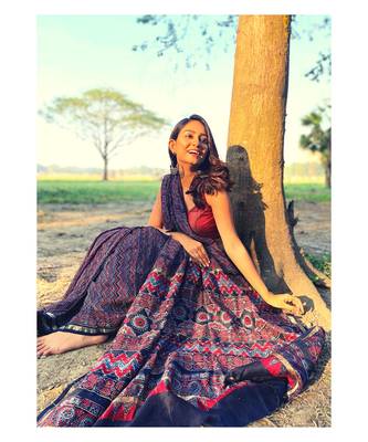 multicolor Ajrakh handcrafted on chanderi silk&  with running blouse 3