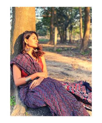 multicolor Ajrakh handcrafted on chanderi silk&  with running blouse 4