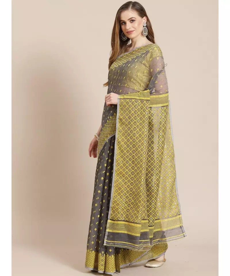 multicolor Jamdani on resham silk in yellow and grey melange