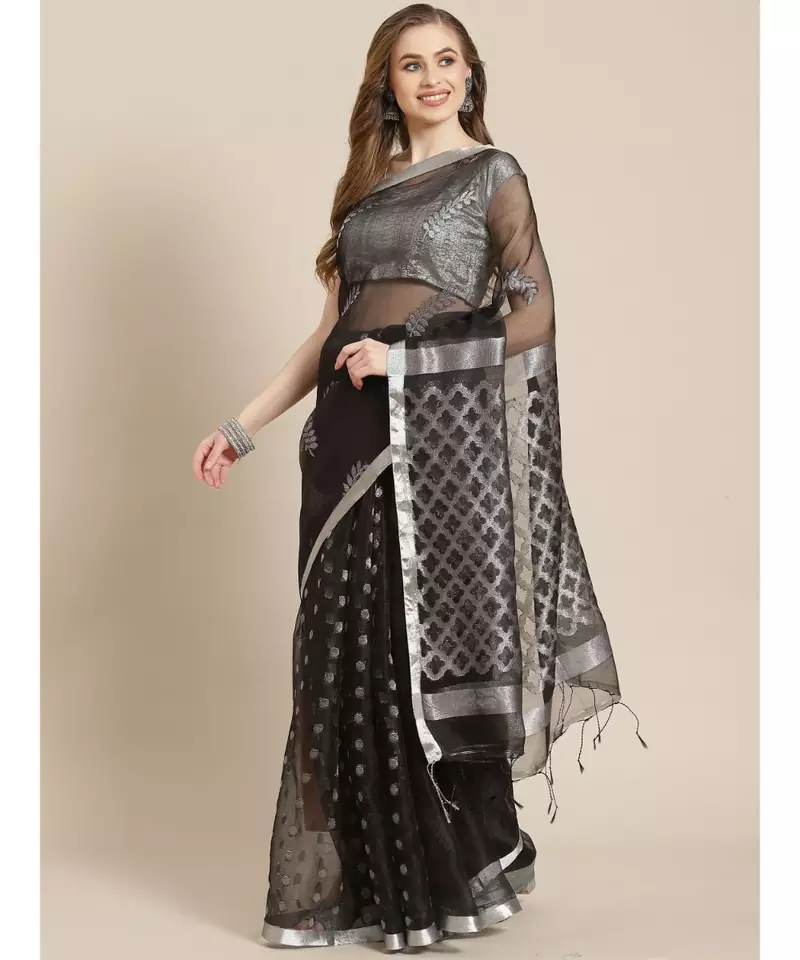 multicolor Jamdani on resham silk in black and silver melange