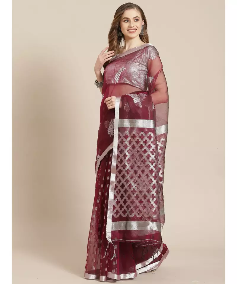 multicolor Jamdani on resham silk in burgundy and silver melange