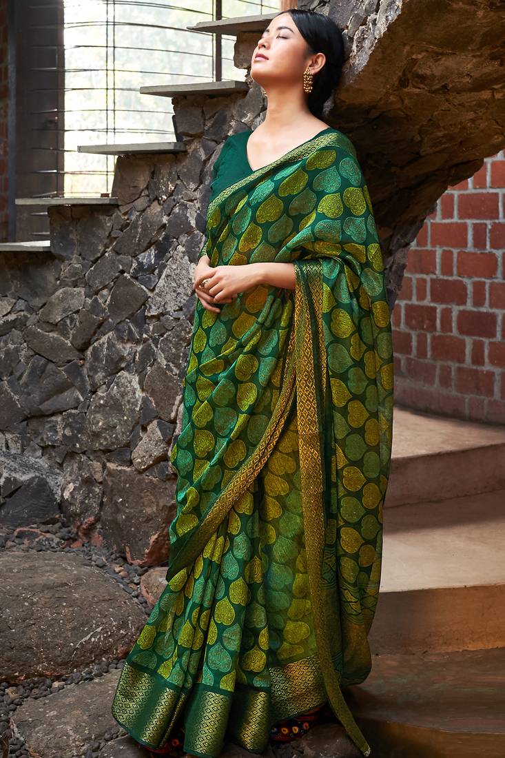 Green printed kanchipuram silk saree with blouse - Shangrila Designer - 3761762