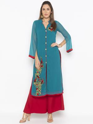 Green embroidered georgette ethnic-Kurti 1