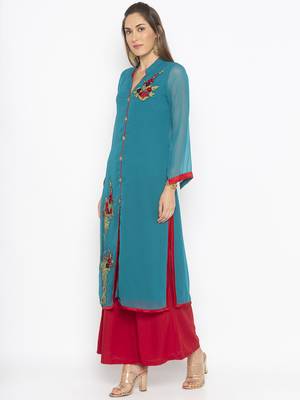 Green embroidered georgette ethnic-Kurti 3