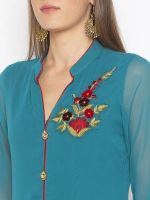 Green embroidered georgette ethnic-Kurti 5