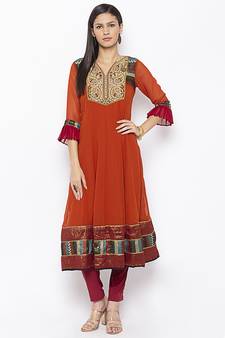 Brown embroidered georgette ethnic-Kurti