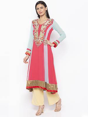 Red embroidered georgette ethnic-Kurti 3