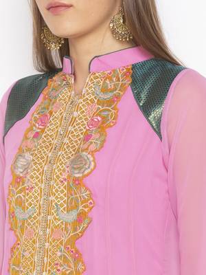 Light-pink embroidered georgette ethnic-Kurti 5