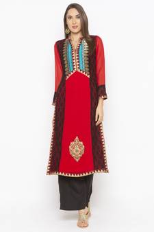 Red embroidered georgette ethnic-Kurti