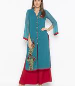 Green embroidered georgette kurta &-sets