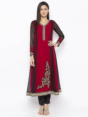 Maroon embroidered georgette kurta &-sets 1