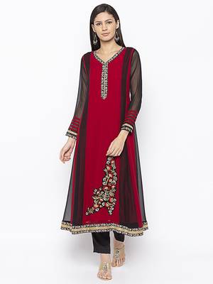 Maroon embroidered georgette kurta &-sets 2