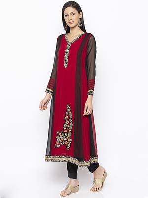 Maroon embroidered georgette kurta &-sets 3