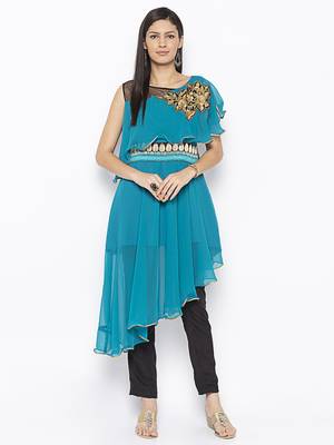 Blue embroidered georgette kurta &-sets 1