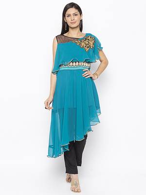 Blue embroidered georgette kurta &-sets 2