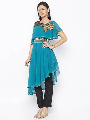 Blue embroidered georgette kurta &-sets 3