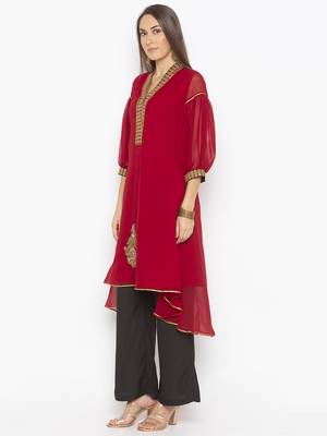 Maroon embroidered georgette kurta &-sets 3