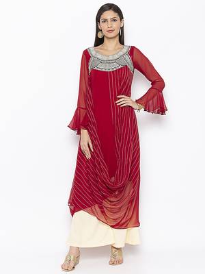 Maroon embroidered georgette kurta &-sets 2