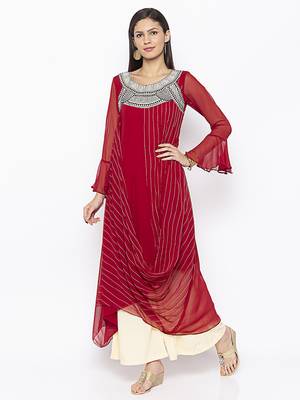 Maroon embroidered georgette kurta &-sets 3