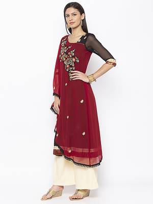 Maroon embroidered georgette kurta &-sets 3
