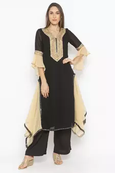 Black embroidered georgette kurta &-sets
