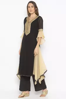 Black embroidered georgette kurta &-sets