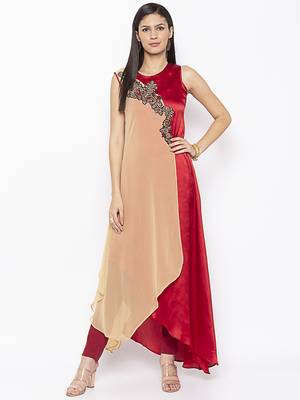 Beige embroidered georgette kurta &-sets 1