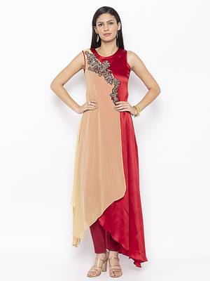 Beige embroidered georgette kurta &-sets 2