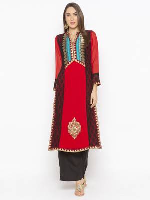 Red embroidered georgette kurta &-sets 1