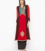 Red embroidered georgette kurta &-sets