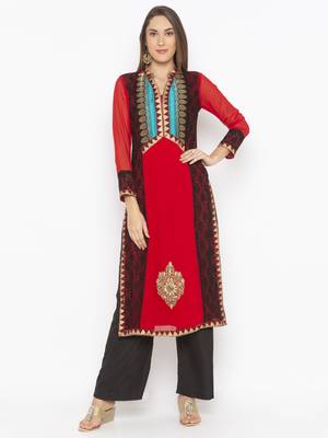 Red embroidered georgette kurta &-sets 2