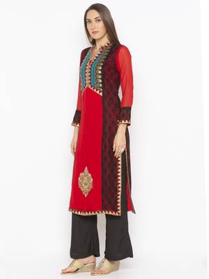 Red embroidered georgette kurta &-sets 3