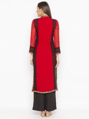 Red embroidered georgette kurta &-sets 4