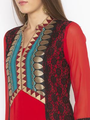 Red embroidered georgette kurta &-sets 5
