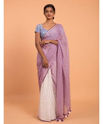Suta White & Lavender Polka Dots Printed Pure Cotton Saree 1
